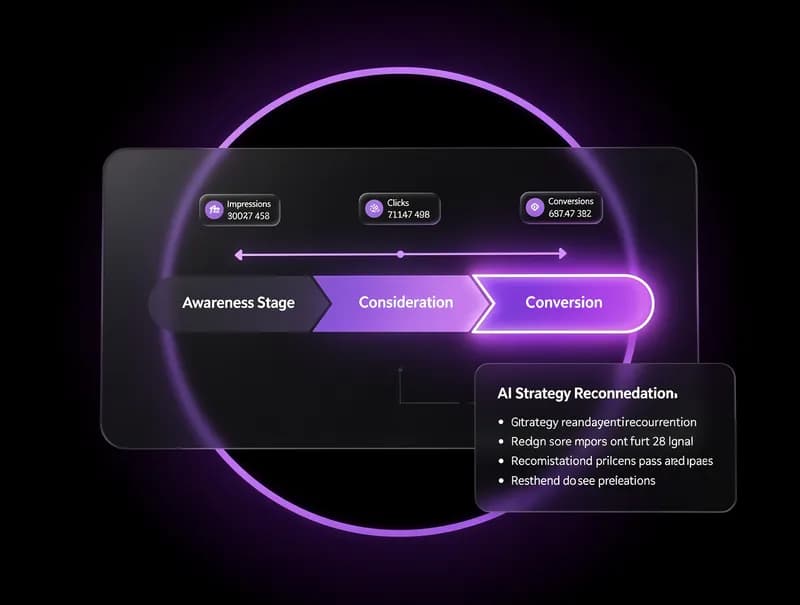 AI Marketing Strategy Tool — floating marketing funnel roadmap with KPI metrics and AI recommendation card, dark background, purple spotlight